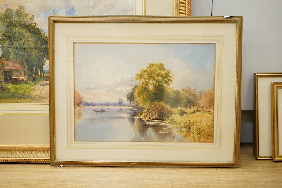 Two 20th century watercolours, Rural landscape with cattle and riverscape, one indistinctly signed, largest 39 x 51cm